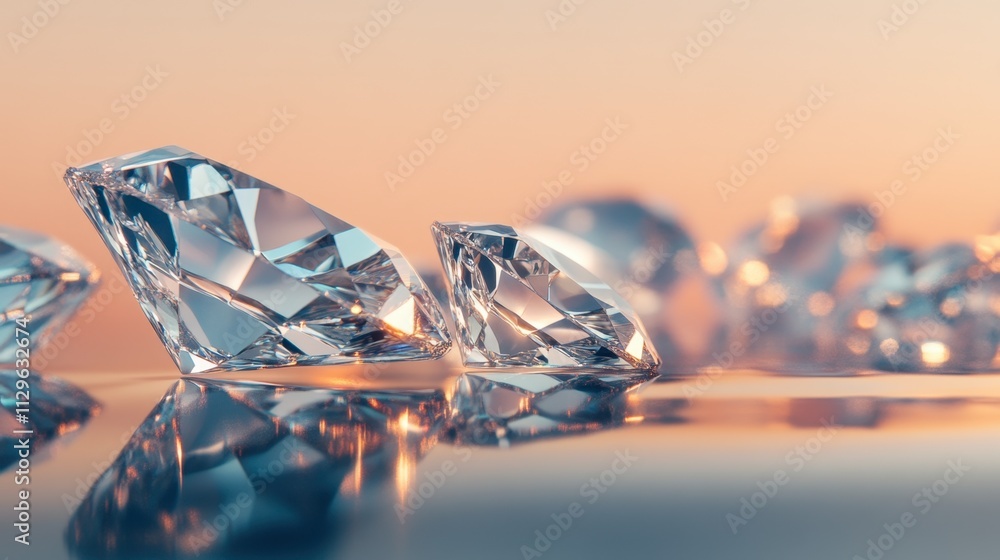 Poster sparkling diamonds reflecting light against soft gradient background