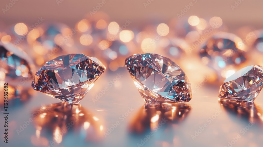 Poster close-up view of sparkling diamonds on shiny surface with bokeh light