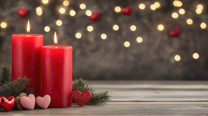 Two red candles burn softly beside decorative hearts and greenery, adding warmth to the setting, perfect for a cozy Valentine's Day or romantic gathering