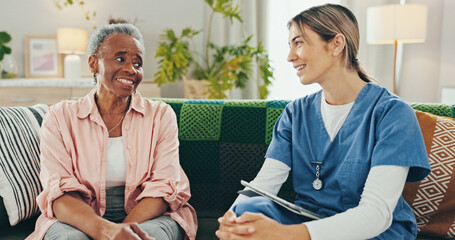 Senior woman, caregiver and tablet with advice for healthcare, comfort and treatment in elderly care at home. People, nurse and symptom checklist for help, conversation and checkup in retirement