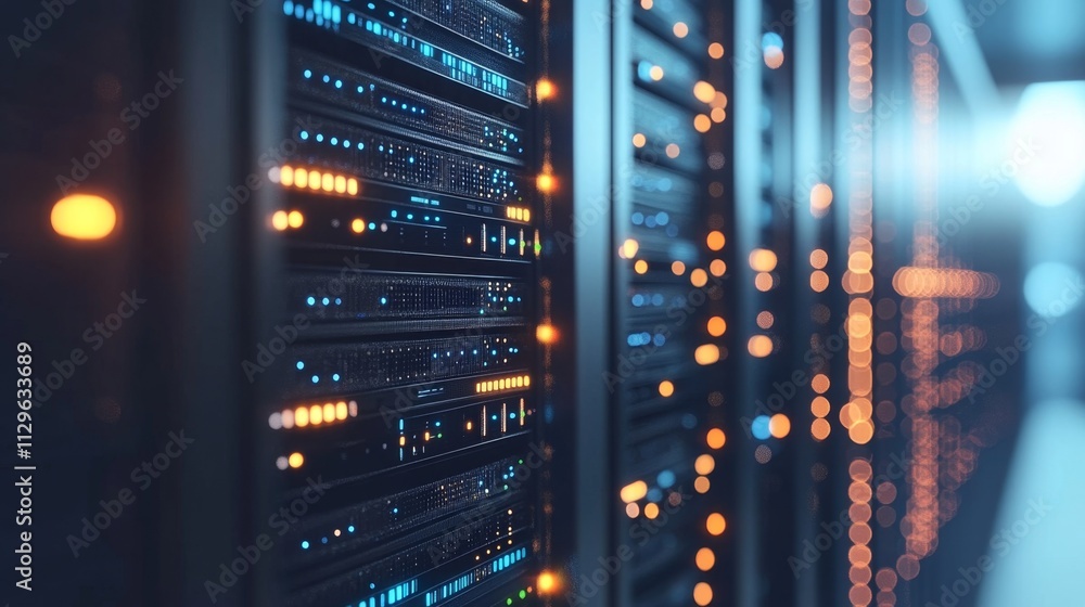 Poster data center operations server management high-tech facility digital infrastructure close-up view it 