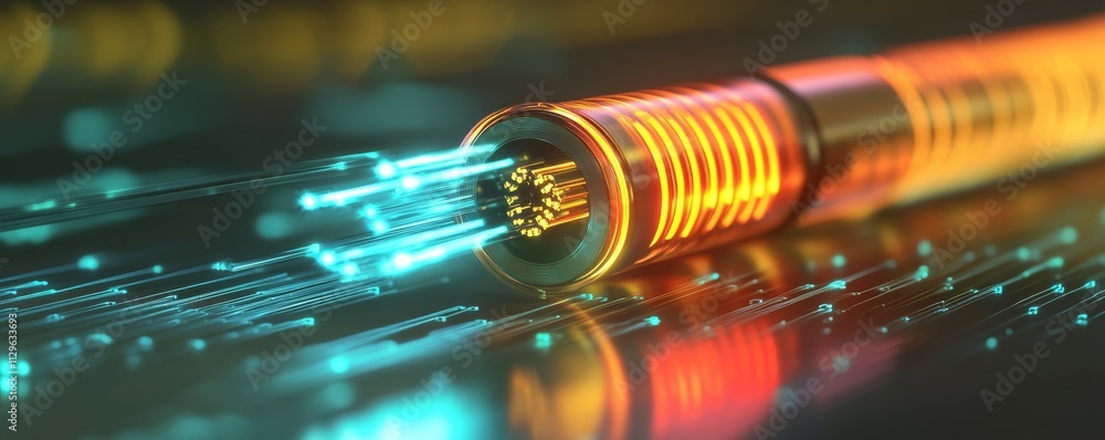 Poster optical fibers transitioning into digital circuits, text where light meets logic