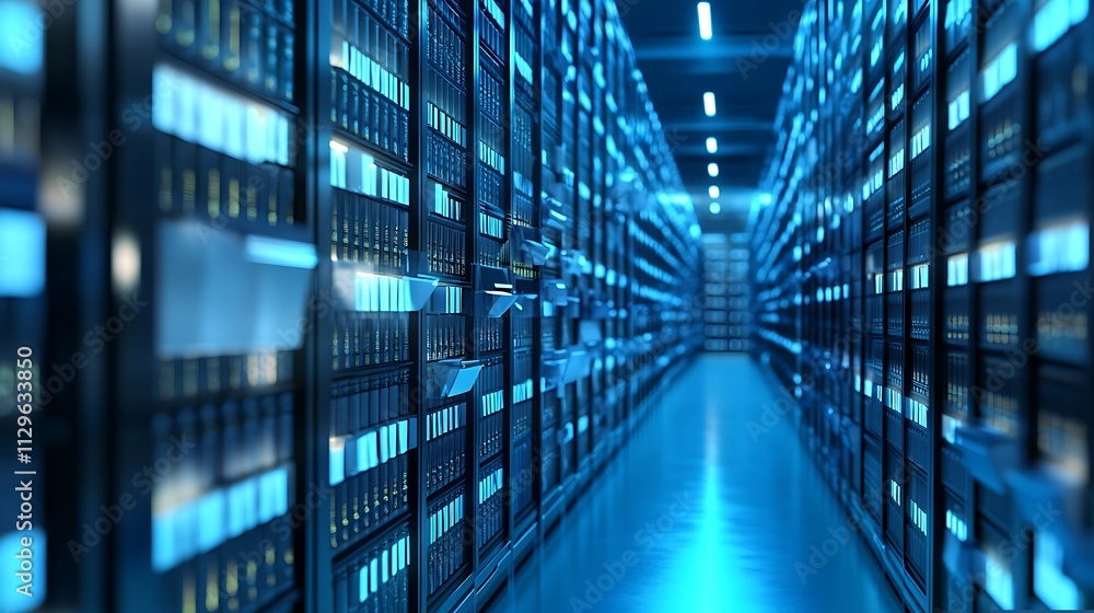 Poster futuristic server room: rows of data storage units in a modern data center