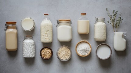 Lactose-free dairy items displayed on a grey surface.

