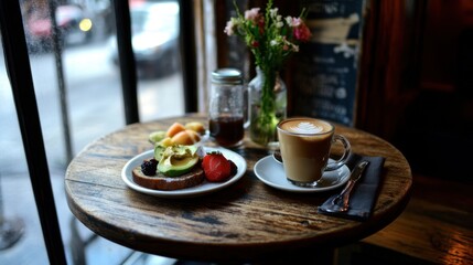 Cozy Café Table with Breakfast and Coffee in Natural Light