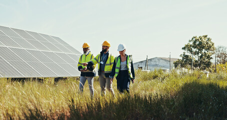 People, discussion and technician with team for solar panel installation, photovoltaic development...