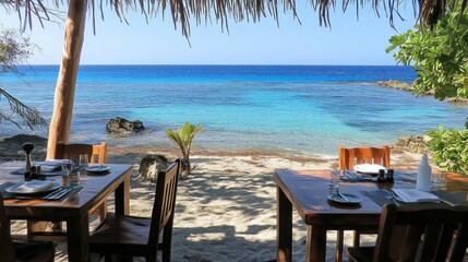 Serene Beachfront Dining Experience Overlooking Crystal Clear Sea