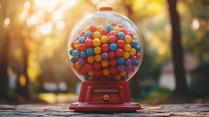 vintage gumball machine filled with colorful candies symbolizes nostalgia, childhood joy, and a...