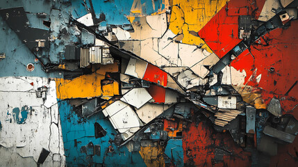 Fototapeta premium Vibrant mosaic composition of industrial and article fragments on surface. Chronicle. Illustration
