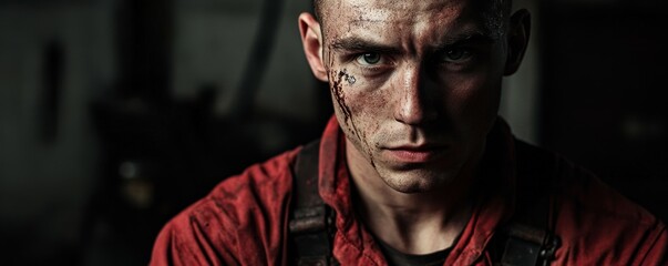 Portrait of a mechanic with greasesmeared face, looking directly at camera, dark gritty background, intense expression