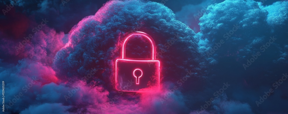 Poster padlock inside digital cloud with soft neon glow, emphasizing data safety