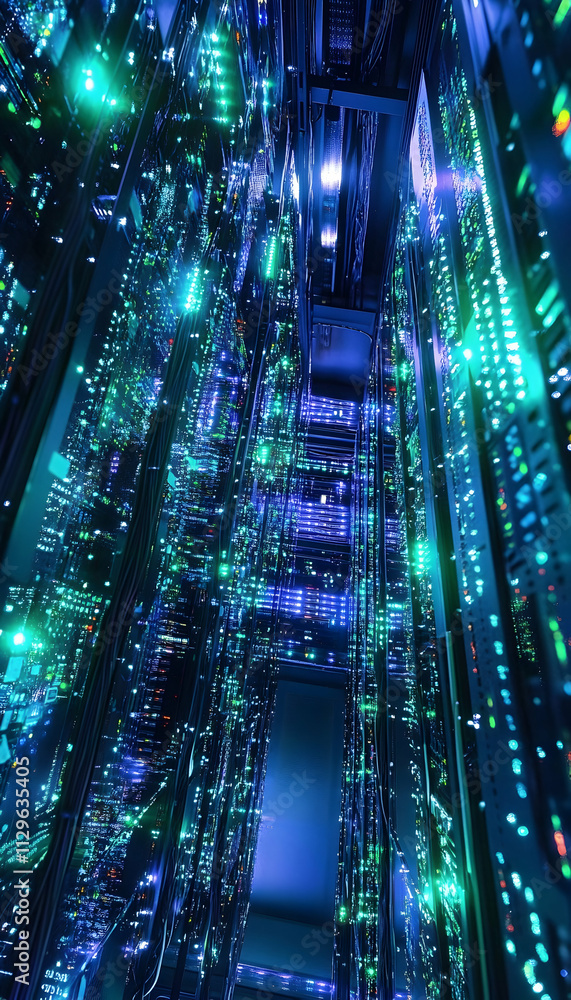 Poster a bustling data center with servers displaying blinking blue and green lights, symbolizing advanced 