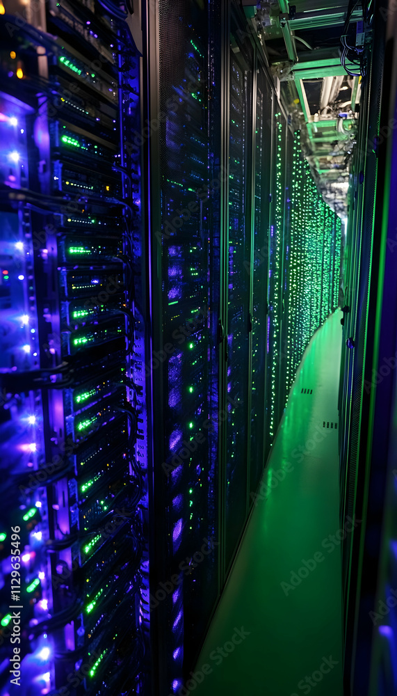Poster a bustling data center with servers displaying blinking blue and green lights, symbolizing advanced 