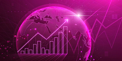Digital rise graph chart on light blue technology globe background. Stock market or trade diagram in futuristic hologram style. Economy or finance concept. Abstract low poly illustration.
