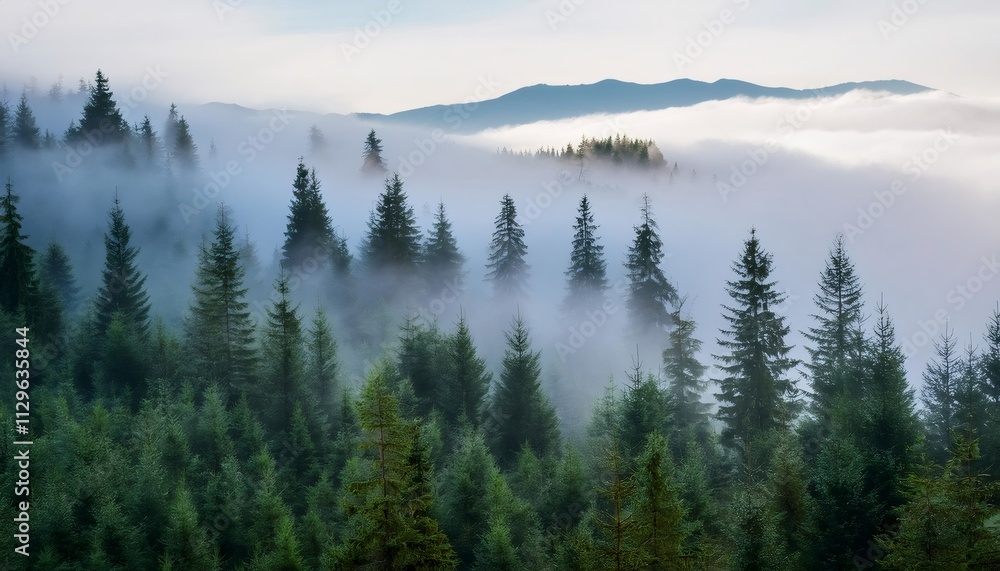 Poster tranquil and serene atmosphere created by misty fog over a dense coniferous forest on the slopes of 