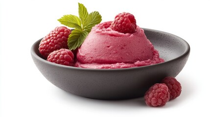 A bowl of raspberry puree with fresh berries on a white surface.

