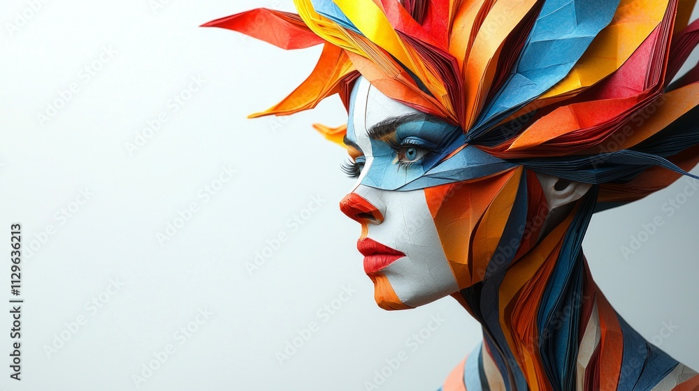 Poster intricate layers colorful origami create clown portrait highlighting clean lines and geometric desig