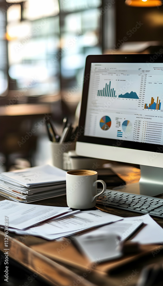 Poster a cluttered desk featuring a computer displaying detailed data charts, stacks of papers, and a coffe
