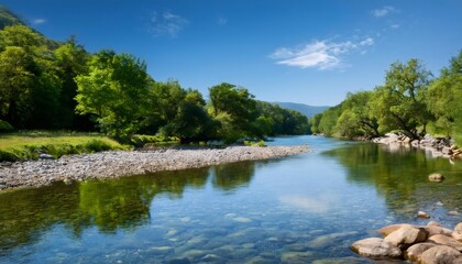 Tranquil river winding through lush green scenery under a clear blue sky, creating a peaceful and beautiful vista