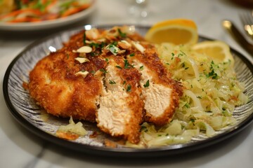 Homemade Japanese breaded chicken with cabbage and lemon