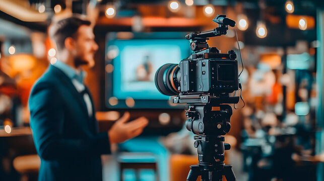 A professional video camera films a blurred businessman giving a presentation in a stylish setting. The focus is on the camera, highlighting its high-quality and professional use in filmmaking.