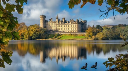 Obraz premium Majestic Castle Surrounded by Autumn Foliage and Serene Lake