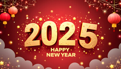 Golden 2025 Happy New Year greeting with festive decorations and lanterns on a red background