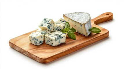 A wooden cutting board with blue cheese displayed on a white background.


