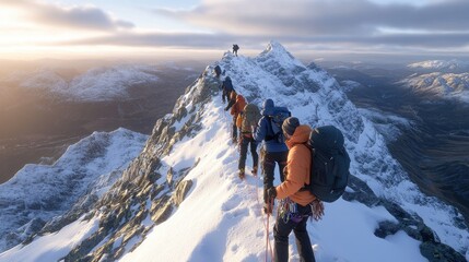 Climbers in colorful jackets ascend a snowy ridge at sunrise, casting shadows on the pristine snow, surrounded by majestic mountains in winter.