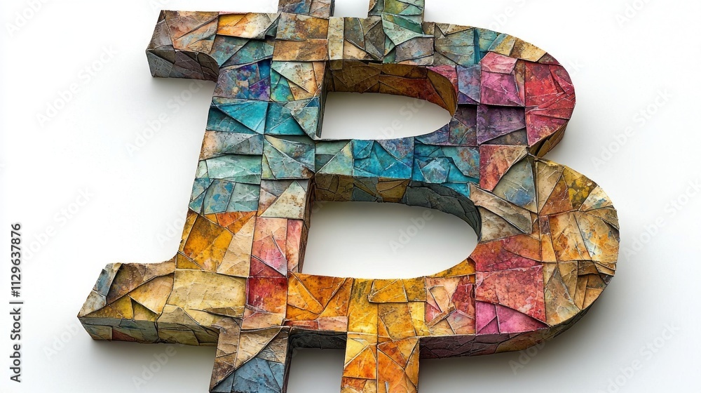 Poster colorful origami techniques form distinct bitcoin symbol showcasing intricate folded textures white 