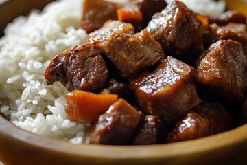 Homemade pork adobo with rice Detailed view of the dish