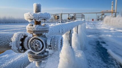 Close-up of frosted industrial valves and pipes releasing vapor emphasizing cold temperatures and industrial engineering in a harsh environment with a blurred background symbolizing control and resili