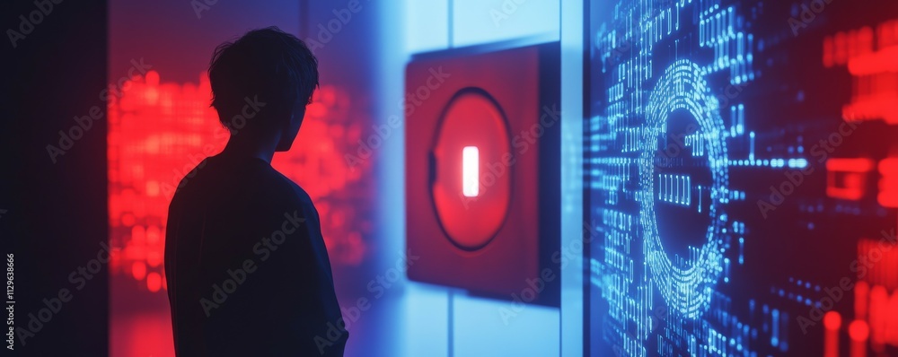 Poster silhouette of hacker unlocking virtual safe, digital locks and code overlays, concept of cyber theft