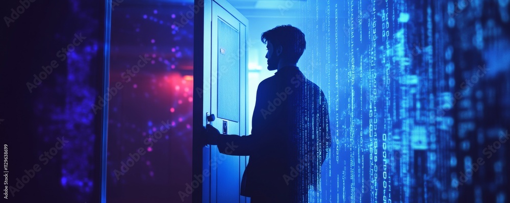Poster silhouette of hacker unlocking virtual safe, digital locks and code overlays, concept of cyber theft