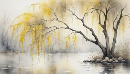 Serene watercolor illustration capturing the essence of spring with delicate flowers blooming by a tranquil lakeside at dawn