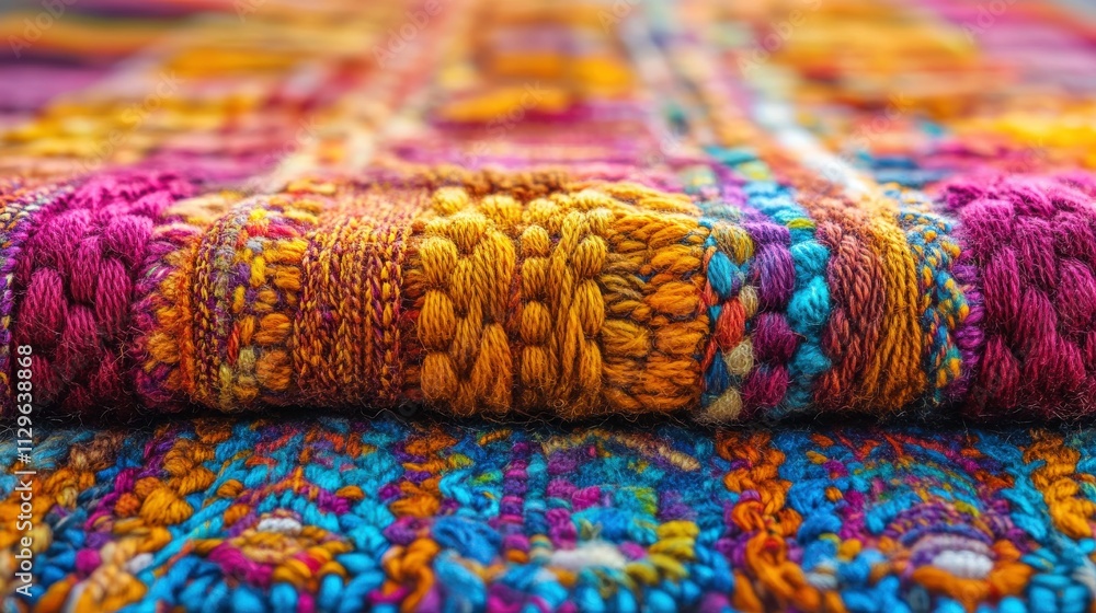 Poster vibrant textile fabric with colorful patterns and intricate weaving visible in close-up showing rich
