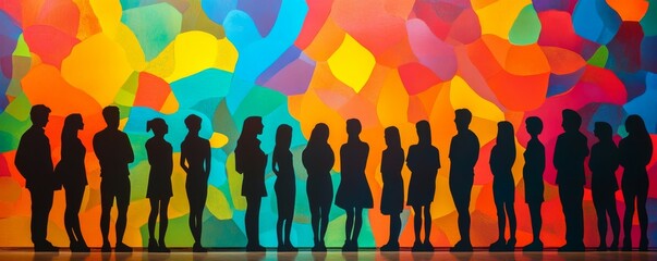 Silhouettes of people standing together in front of a vibrant, colorful paper cutout backdrop