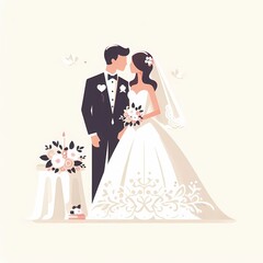 Flat Style Wedding Illustration on White Background - Isolated Bride and Groom