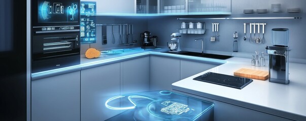 Smart kitchen setup, hightech appliances, seamless design, illustration