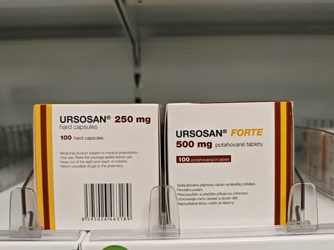 Prague, Czech Republic -December 20 2024: URSOSAN box of medication with URSODEOXYCHOLIC ACID active substance by PRO.MED.CS, used for treatment of gallstones and liver health.	
