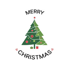 Merry Christmas greeting card, simple Christmas tree illustration with colorful ornaments and presents invitations, or any holiday-themed design project.