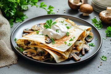 Mushroom quesadilla wedges topped with sour cream and cheese garnished with parsley on a concrete surface