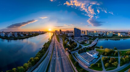 Expansive aerial panorama of a modern cityscape at sunset drone view background landscape