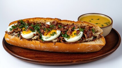 A wooden tray holds four toasted bread slices topped with perfectly fried eggs, surrounded by fresh arugula and a small bowl of olive oil. Natural light illuminates the scene