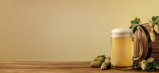 A wooden table with an old barrel of beer and hop cones, wheat ears, and green leaves on the right side of the frame Generative AI
