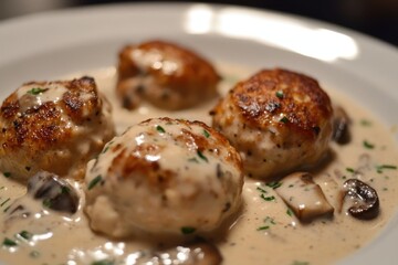 Mushroom sauce coated chicken meatballs