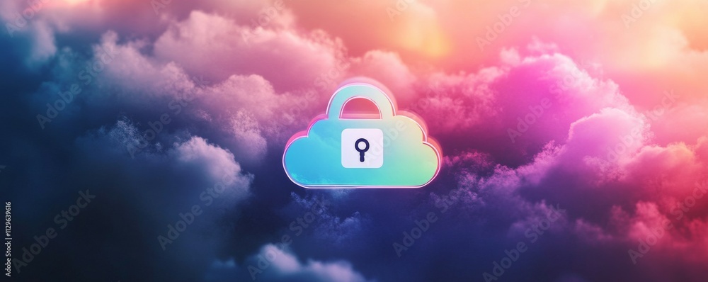 Poster secure cloud icon with a colorful padlock overlay, modern data protection