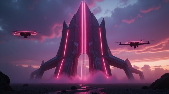 Colossal Futuristic Structure with Glowing Energy Conduits and Hovering Drones