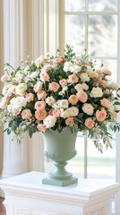 Fototapeta premium A bouquet of white and peach roses with eucalyptus leaves is displayed in a green vase by a window. Sunlight filters through, enhancing the peaceful indoor setting
