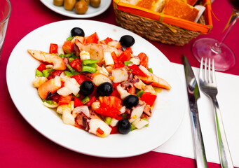 Seafood Salpicon (Salpicon de Marisco) with shrimp, mussels, octopus, bell peppers, onions, tomatoes and olives